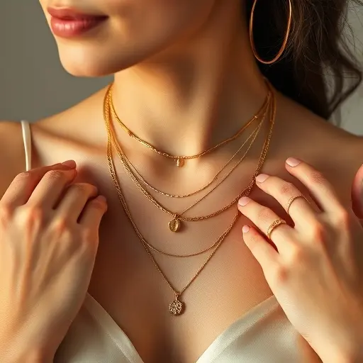 Close-up of layered gold necklaces and fashion jewellery for women